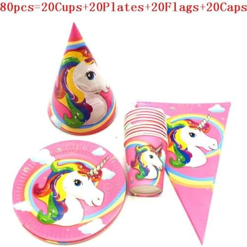 Unicorn Theme Party Supplies Kids Disposable Tableware Set Birthday Decor Paper Cups Plates Flags Cap Baby Shower Party Supplies