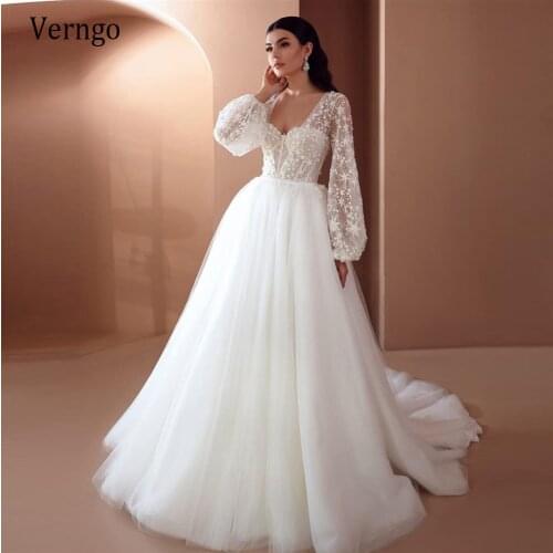 Verngo 2021 New Modern A Line Tulle Wedding Dress Puff Long Sleeves Stars Sweetheart Corseted Back Bridal Gowns robe de mariage