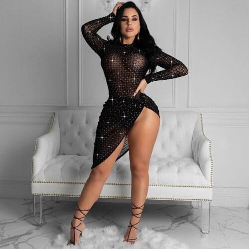 XXL Size Hollow Mesh See-through Transparent Sexy Dresses For Women Adult Clothes With Rhinestones