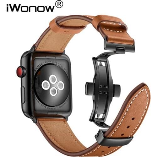Genuine Cow Leather Watchband for iWatch Apple Watch SE Series 6 5 4 3 2 1 38/40/42/44mm Band Butterfly Clasp Strap Wristband