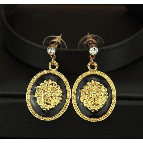 New Lion Head Embossment Epoxy Drop Earring Gold Animal Earring Pin Fashion Women Jewelry Gift