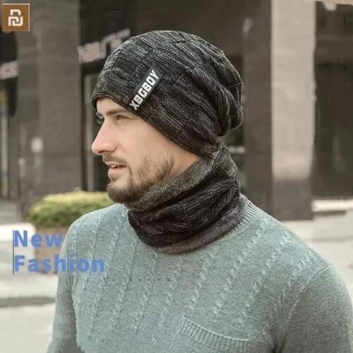 Youpin Neck Warmer Knitted Hat Scarf Set Fur Wool Lining Thick Warm Knit Beanies Winter Hat Men Cap 1 set