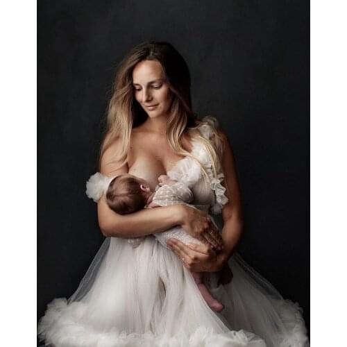 High End Bridal White Puffy Ruffled Tulle Maternity Dresses Women A-Line Fullfy Pleated Tiered Ruffles Tulle Dress Baby Shower