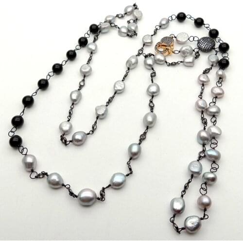 YYGEM 49" Gray Baroque Freshwater Pearl Round Onyx Cz Pave Chain Wrap Long Necklace vintage anniversary for women is customized