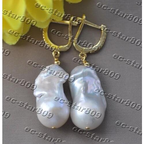 Z11255 28mm White Baroque Keshi Pearl Gold-Plating Dangle Earring CZ Woman Fine Jewelry