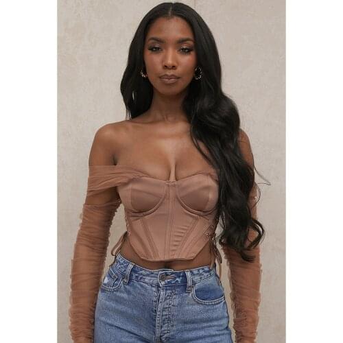 Summer Women Sexy Mesh Satin Long Sleeve Off Shoulder Club Crop Tops Femme Streetwear Casual Slim Cross Bandage T-shirt BH7100
