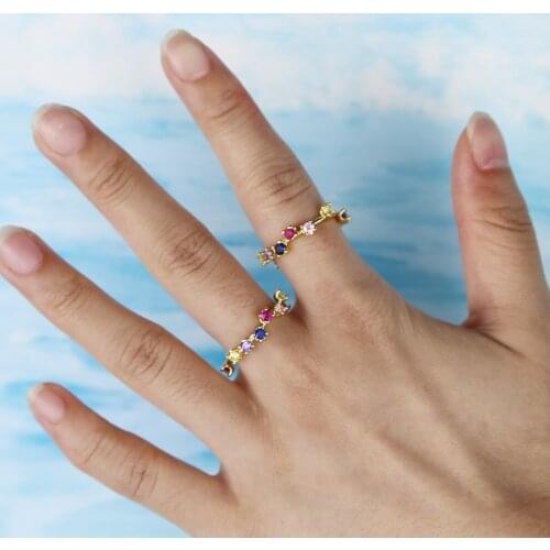 Women ring prong set rainbow colorful cz cubic zirconia gold filled cz eternity band stack staking rings