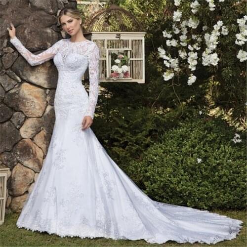 Vestido De Noiva Custom Made Lace Appliques Beaded Long Sleeves Mermaid Wedding Dress Women Bridal Gowns Plus Size Robe Mariee