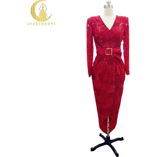JIALINZEYI Real Sample Long Sleeves Red Full Beads Crystal Front Short long Back Custom Made robe De soiree Evening Dresses