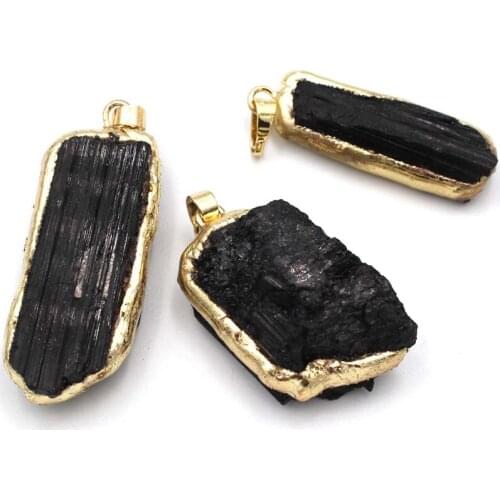 5pcs Natural Black Tourmaline Stone Gem Stone Pendant Irregular Gold Plt Healing Ctone Charm for DIY Women Men Necklace Jewelry