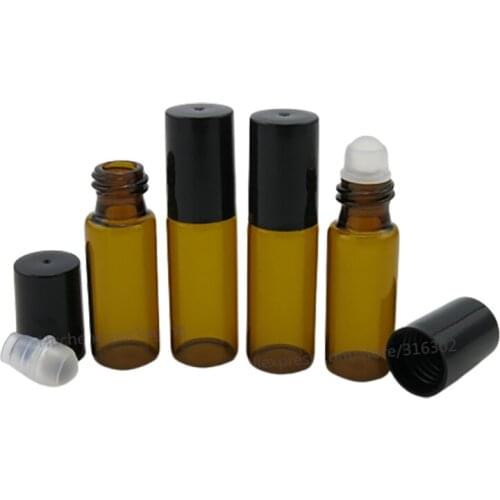 50 x 5ml Empty Refillable Mini Amber Glass Roll on Bottle With Black Plastic Lids Glass Ball 5cc Roller Ball Container