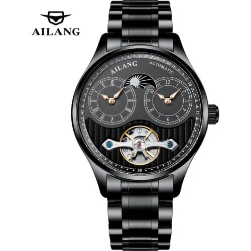 AILANG New Mens Fully Automatic Mechanical Watch Wrist Calendar Pointer Moon Phase Display Perspective Hollow Tourbillon 8607