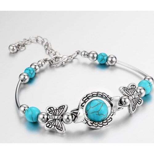 Antique Silver Color Paddy Bangle Turquoise Bead Stone Hollow Fish Charm Bracelet For Women Whosesale Jewelry DropShipping