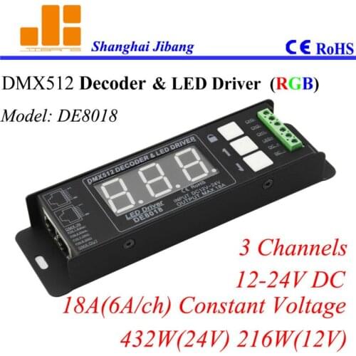 Free Shipping DMX Decoder and LED driver, RGB pwm Driver,3channels/12V-24V/18A/432W pn:DE8018
