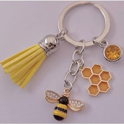 Cute insect enamel bee keychain fashion geometric honeycomb bee tassel key ring chain bumblebee Keychain gift