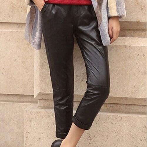 Women Elastic Waist Genuine Leather Harem Pants Real Leather Lambskin Pencil Pants Elegant Black Streetwear Office Lady Trousers