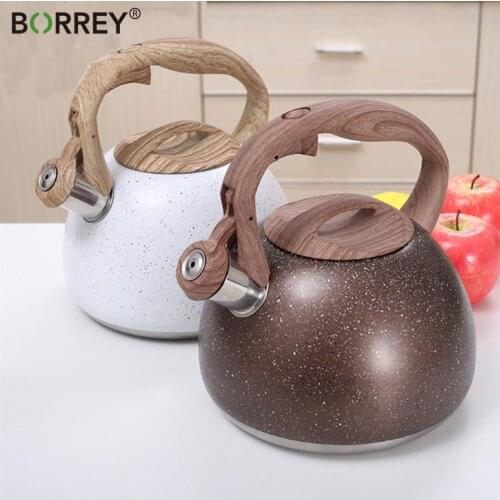 BORREY 3L Stainless Steel Large Capacity Whistle Kettle Gas Cooker Induction Kettle Wood Grain Handle Flat Bottom Kettle Teapot