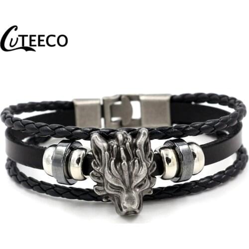 CUTEECO 2019 New Retro Lion Head Leather Bracelets Men Genuine Charm Bracelet Fashion Punk Party Jewelry Dropshipping