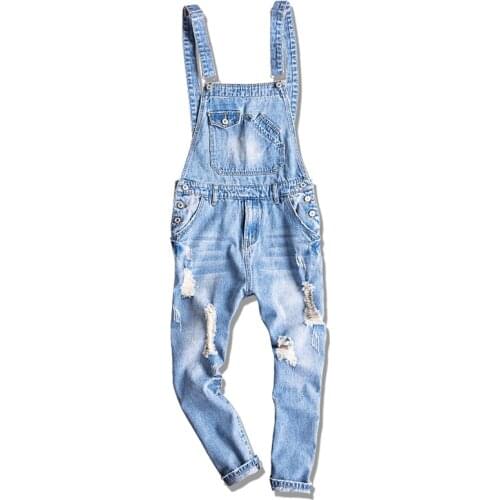 Couple overalls mens summer light blue ripped holes washed nine-point pants mens jeans feet