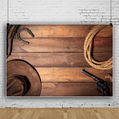 Laeacco Old Dark Wood Board West Cowboy Hat Pistol Party Customzied Poster Portrait Photo Background Photo Backdrop Photostudio