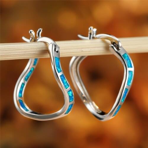 Simple Female Blue Opal Hoop Earrings Classic Silver Color Wedding Earrings Trendy Bride Geometry Small Earrings For Women