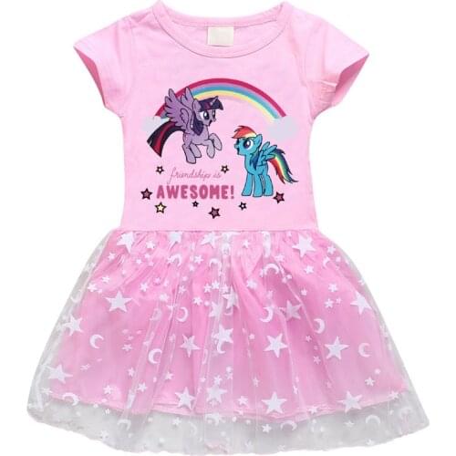 Girls Summer Dress Cotton My Little Pony Cartoon Star Moon Net Yarn Short Sleeve Pink Purple Rose Red Princess Dress