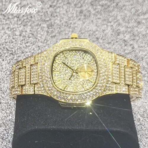 Hip Hop MISSFOX Fully Iced Out Men Watches Diamond Bling Gold Stainless Steel Fashion Watch Top Luxury AAA Quartz Wristwatches