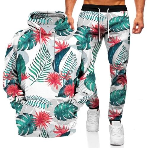 2020 hot style casual mens sweater + sweatpants suit small fresh leaf 3D printed hooded pullover sweater hoodie