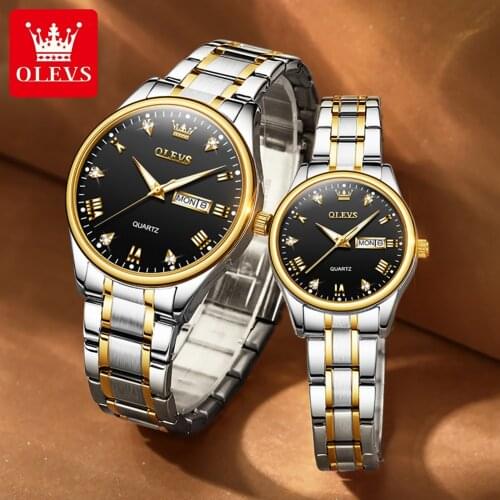 OLEVS New Пара смотреть Golden Fashion Stainless Steel Lovers Watch Quartz Wrist Watches Women Waterproof Calendar Wristwatch
