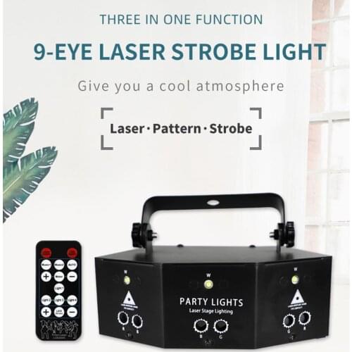 RGB Disco Stage Lamp 9-eye Led Laser Light DMX Remote Control Strobe Dj Halloween Christmas Bar Party Projetor Home Decor