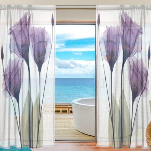 Purple Tulip Sheer Curtains for Living Room 2 Panels Purple Flower Window Tulle Curtain Custom Voile Curtain for Bedroom