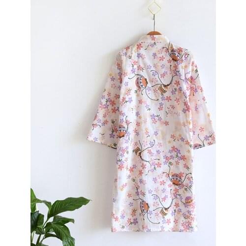 Women Summer Bath Robe Cotton Gauze Kimono Sleepwear Three Quarter Floral Printing Long Robes Loose Thin Pink Home Clothes 2021