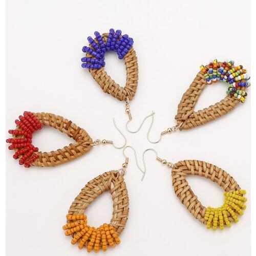 ROYALBEIER Fashion Summer Women Natural Rattan Colorful Handmade Bead Earrings Lady Bohemian Waterdrop Earring Fashion Jewelry