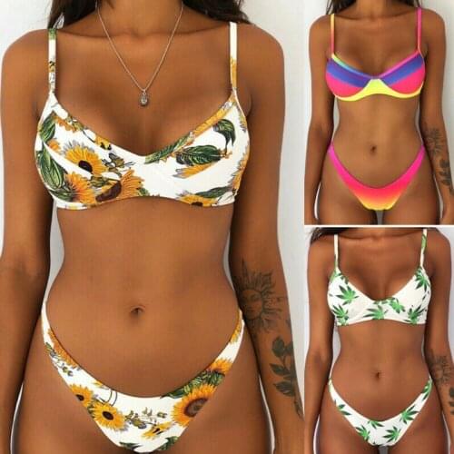 Women Padded Bikini 2022 Push Up Swimwear Beachwear Sexy Swimsuit Female Rainbow Sunflower Leaves Print Bikini Set Ladies