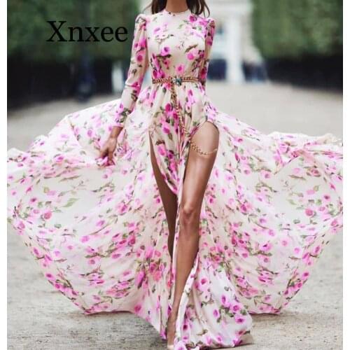 Fashion Floral Bohemian Maxi Dresses for Women O Neck Long Sleeve Summer Beach Dresses Sashes Vestidos