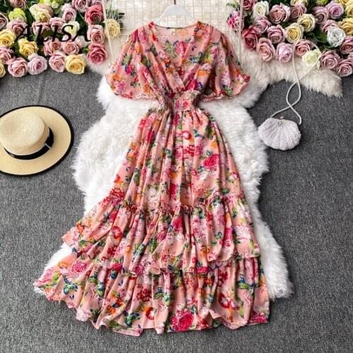 Summer Elegant Party Dress Women Fashion French Sexy V-neck Chiffon Floral Dress Ladies Bohemian Temperament Long Dress Vestidos