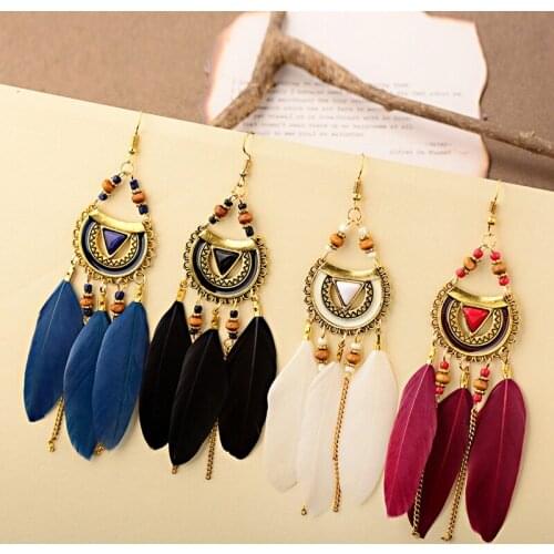 2019 Vintage Bohemian Feather Tassel Earrings Long Chain Hanging Dangling Drop Earrings For Women Beach Summer Indian Jewelry
