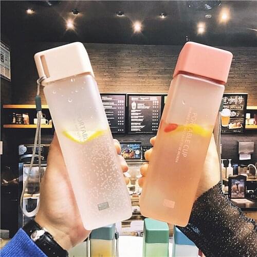 Free shipping 500ml Square Tea Milk Fruit Water Cup for Water Bottles Drink with Rope Transparent Sport Style Heat Resistant
