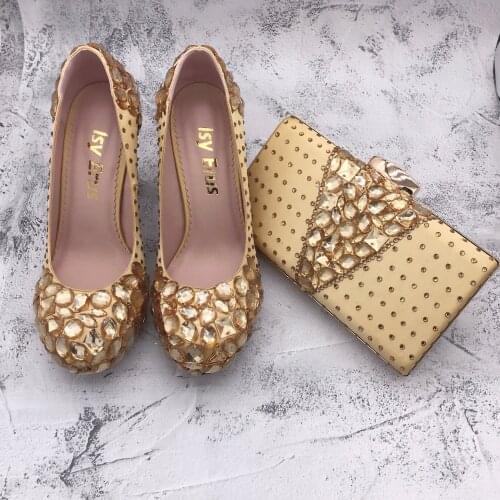 BS1371 DHL Custom Made Blcok Heel Women Shoes Dress Pumps Gold Crystal Italian Shoes With Matching Bag Set