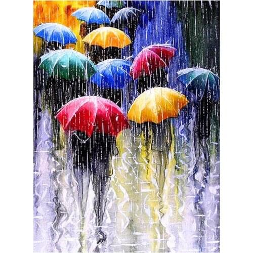 GELANYOUPIN Full Drill Round 5D DIY Diamond Painting Street Diamond Embroidery Rain Umbrella Picture Of Rhinestone Decor Home