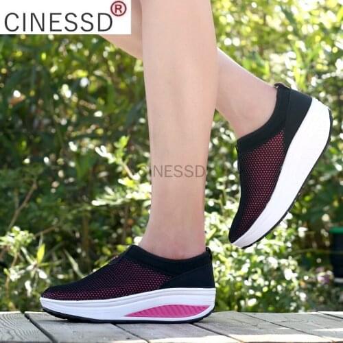 Fashion Summer Platform Shoes Women Slip On Wedge Sneakers Breathable Rocking Shoes Mesh Toning Shoes Ladies Casual Sneakers