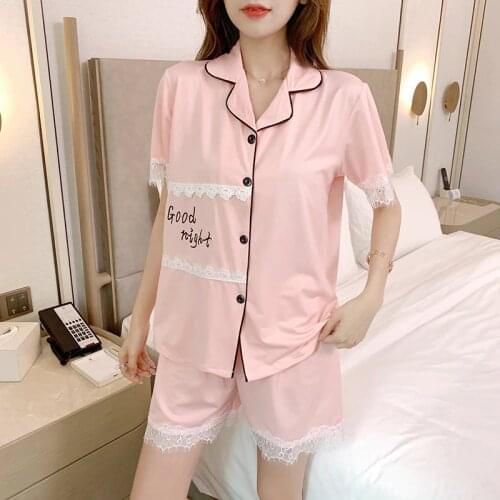 Lace Lapel Pajamas Summer Women Short-Sleeved Suit With Shorts For Women Pajama Suit Loose Adult Ladies Pajamas Suit Soft Pijama