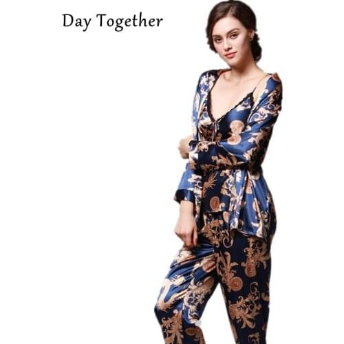 Summer Silk Satin 3 Pcs Pajamas Pants Sets Sexy Women Sleepwear Lounge Dragon Print Night Shirt Female Homewear Pijama Woman