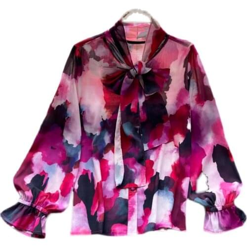 Fashionable Tie-dye Western-style Printed Shirt 2021 Autumn New Style Goddess Fan Temperament Bow Tie Chic Top