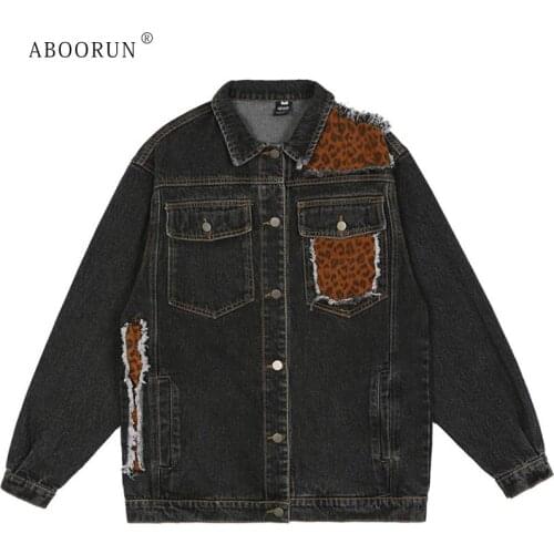 ABOORUN Mens Retro Leopard Patchwork Denim Jacket Hip Hop Streetwear Oversize Jean Coat for Male