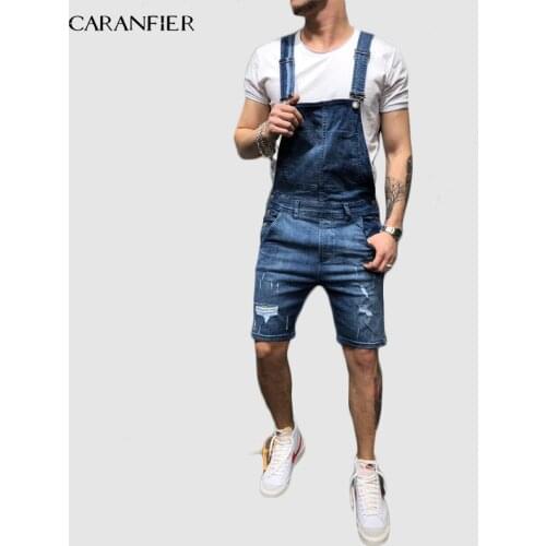 CARANFIER Mens Jeans Siamese Strap Old Denim Workwear Loose Casual Comfort Straight Long Nine Points Siamese Strap Broken Tear