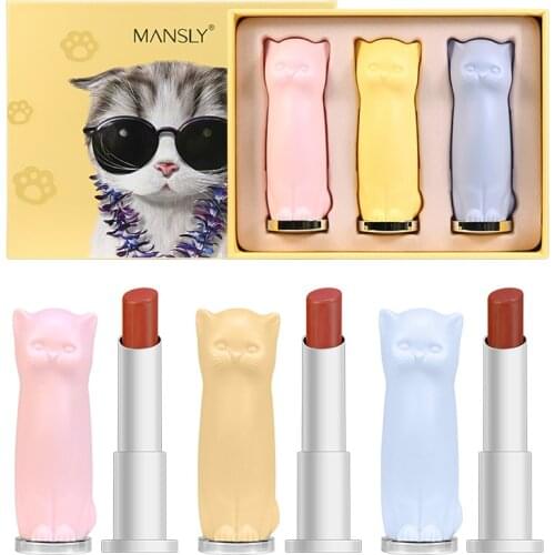 MANSLY 3pcs/lot Cute Pet Cat Charm Color Lipstick Set Waterproof Moisturizing Long Lasting Silky Matte Lipsticks makeup tool