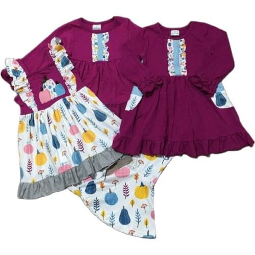 Girlymax Fall Baby Girls Plum Pumpkin Bell-bottoms Pants Set Cotton Boutique Dress Knee Length Family Look Kids Clothing
