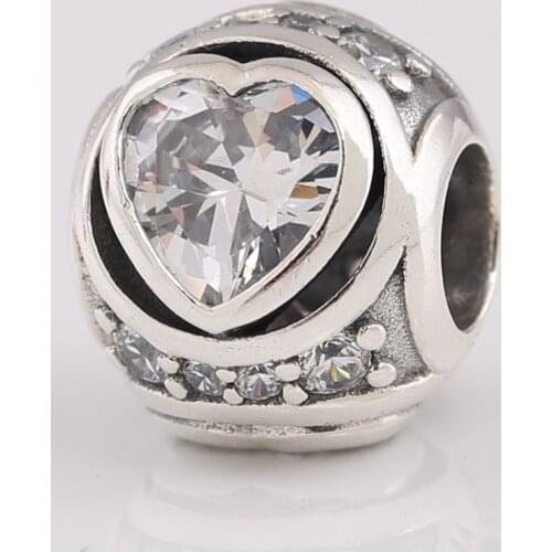 Authentic S925 Silver Elevated Heart With Crystal Bead Charm fit Lady Bracelet Bangle DIY Jewelry