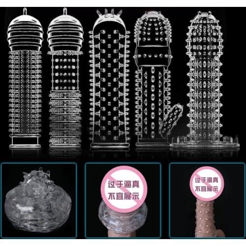 Extension Reusable Condom Penis Sleeve Male Enlargement Time Delay Spike Clit Massager Cover Crystal Clear Condoms Adult Sex Toy